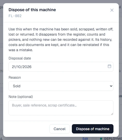The Dispose of this machine window with the disposal date, the reason and an optional note