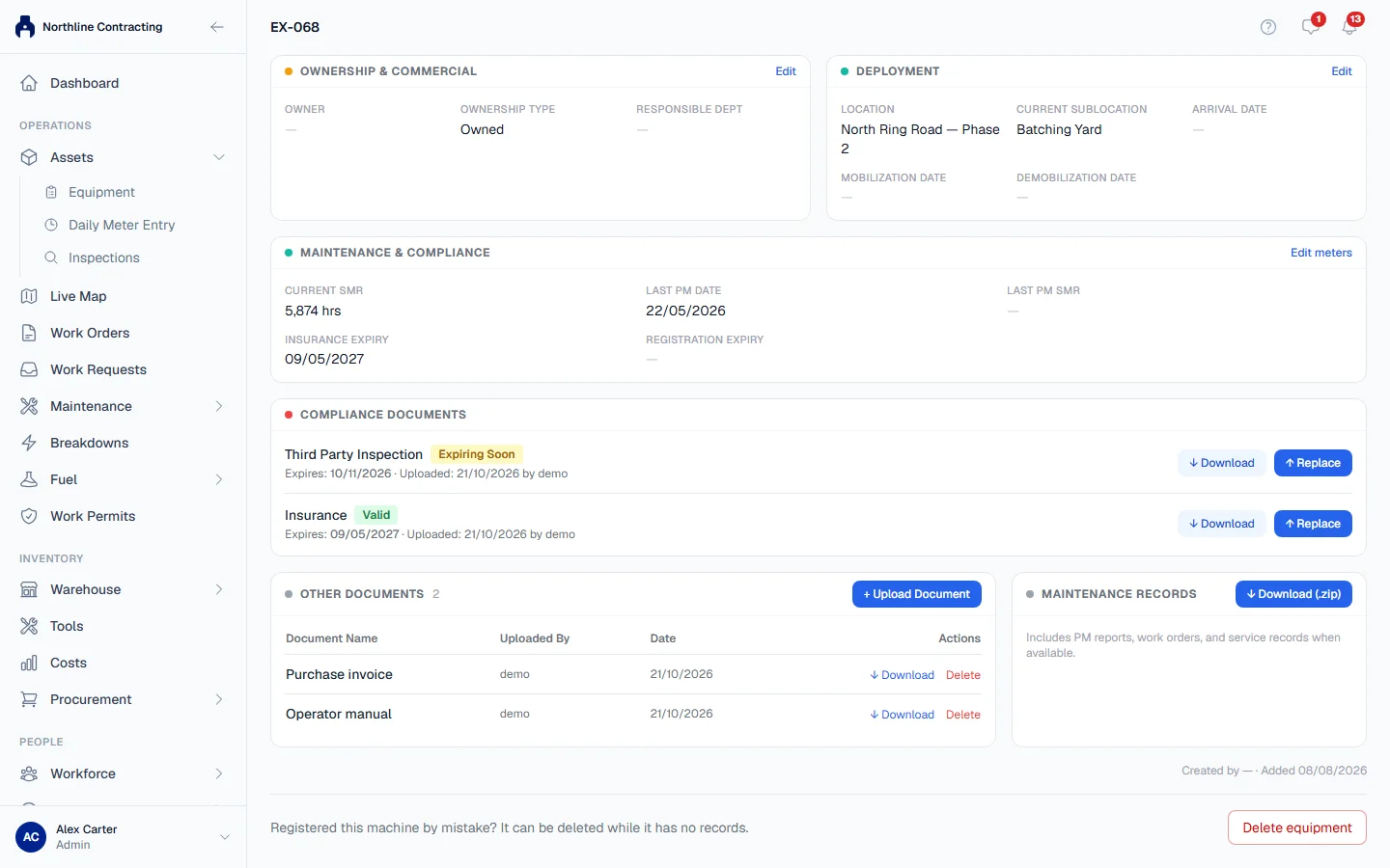 Compliance Documents with an inspection certificate expiring soon and a valid insurance certificate, and Other Documents below