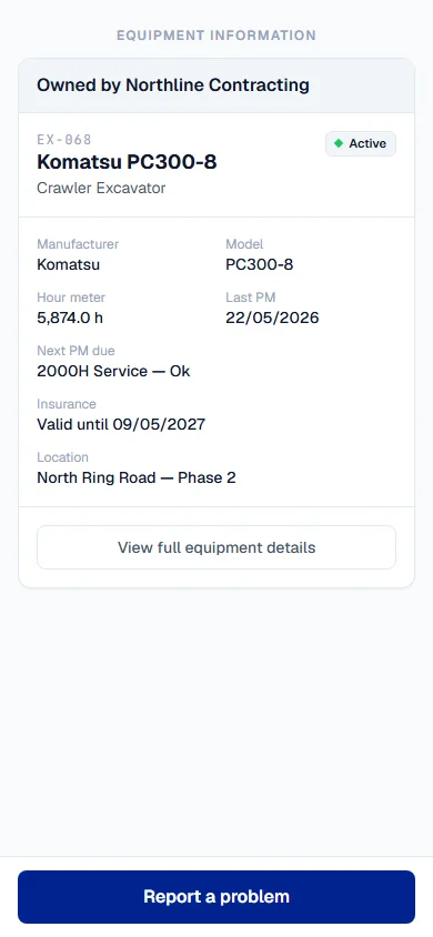 A machine's public card on a phone, with its details and the Report a problem button at the bottom