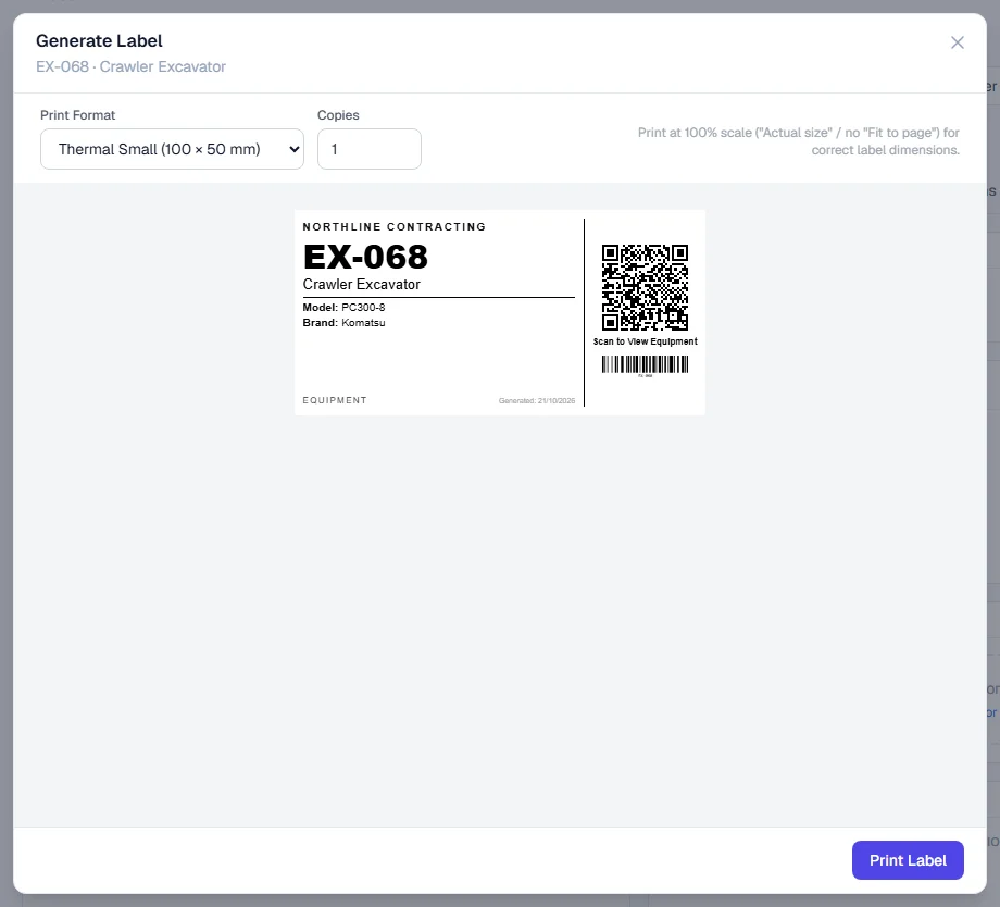 The Generate Label window with the print format, the number of copies and a preview of the label