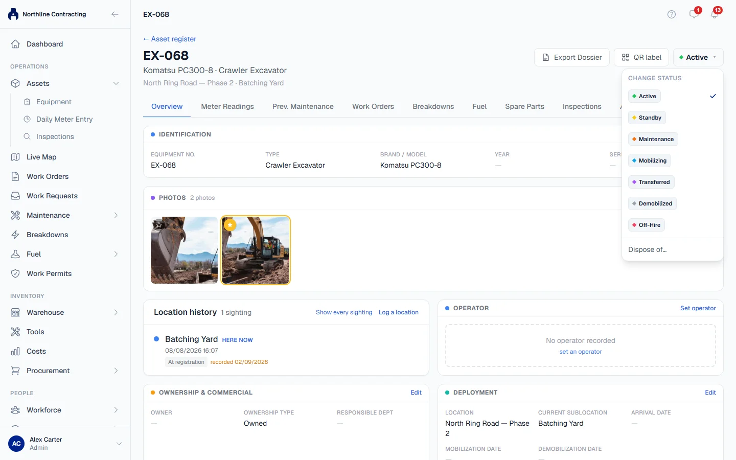 The Change status menu open on a machine's page, with a tick beside the current status and Dispose of at the bottom