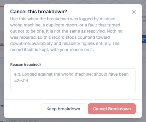 The Cancel this breakdown window, which explains the difference from resolving and asks for a reason