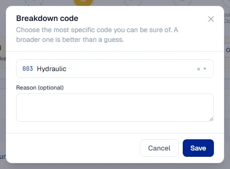 The Breakdown code window, where you choose the code and give an optional reason