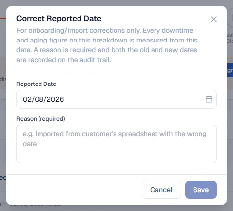 The Correct Reported Date window with the new date and a required reason