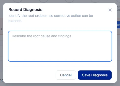 The window for recording the diagnosis of a breakdown