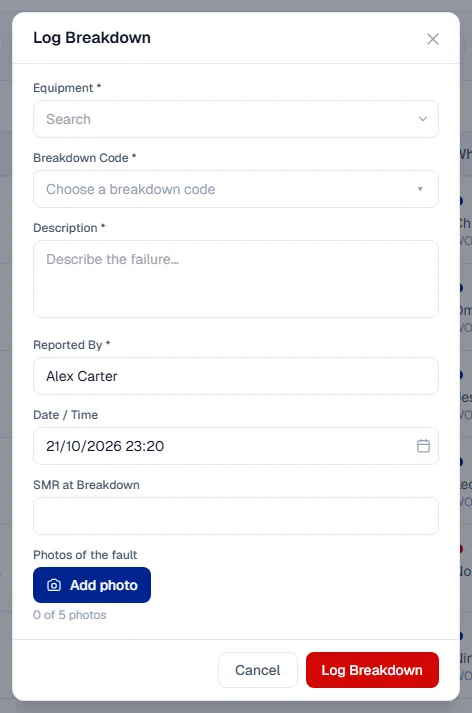 The Log Breakdown form: equipment, breakdown code, description, reported by, date and time, hour meter and photos