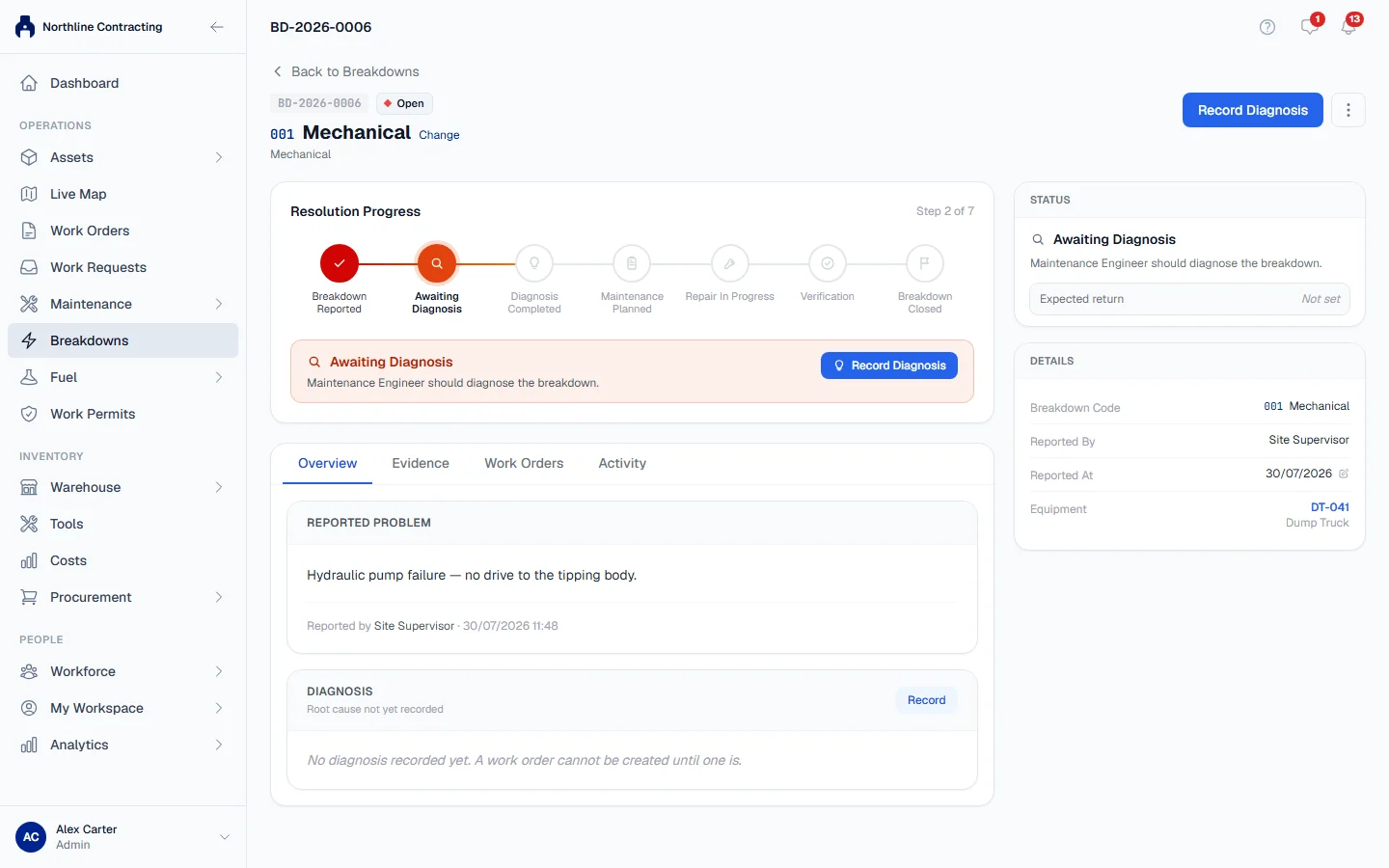 A breakdown page awaiting diagnosis, with the resolution progress across the top and Record Diagnosis as the main button