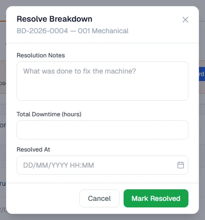 The Resolve Breakdown window with resolution notes, total downtime and resolved at