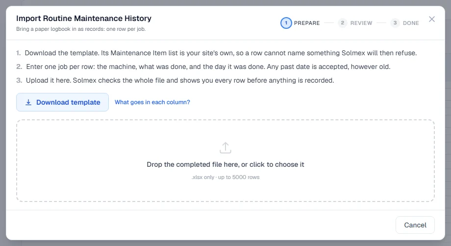 The Import Routine Maintenance History dialog with the Download template button and the place to drop the file