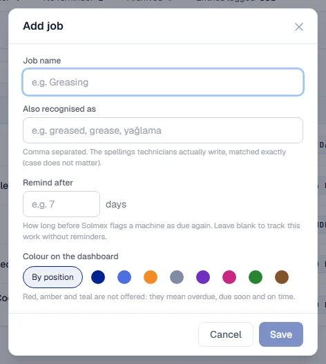 The Add job form: job name, other spellings, remind after and colour on the dashboard