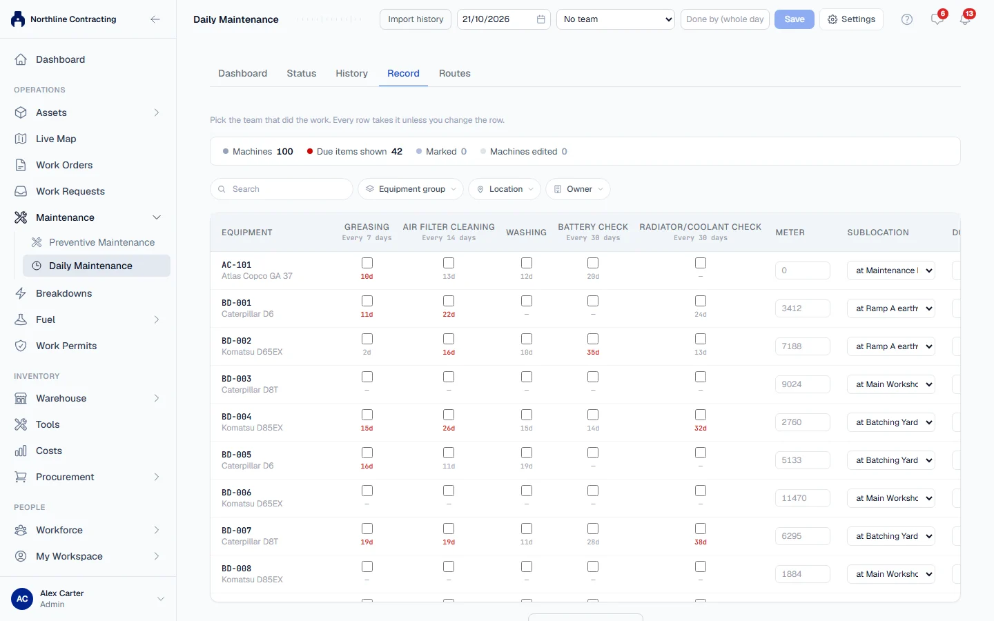 The Record tab: the date and team at the top, and a tick box per job for each machine