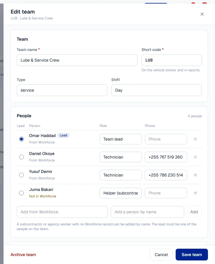 A team open for editing: name, short code, type, shift and its people with the lead marked