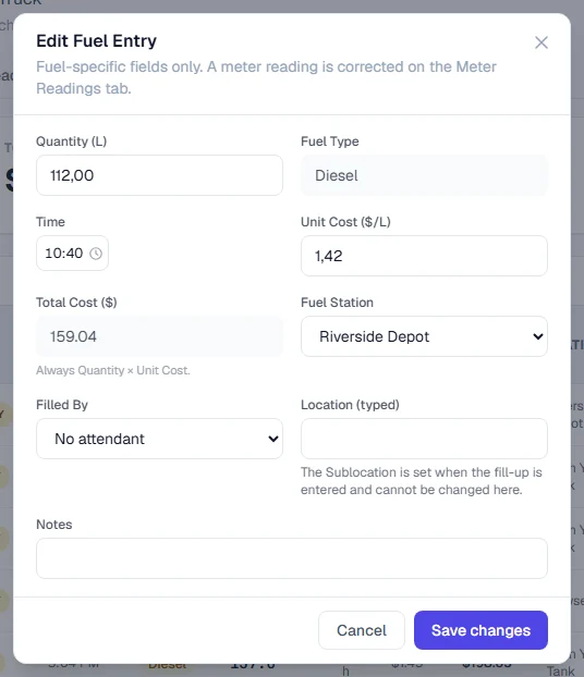 The Edit Fuel Entry window