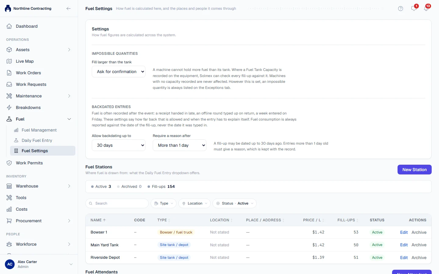 The Settings section of Fuel Settings: Impossible Quantities and Backdated Entries