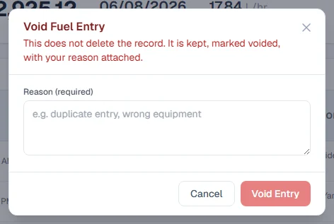 The Void Fuel Entry window, which asks for a reason