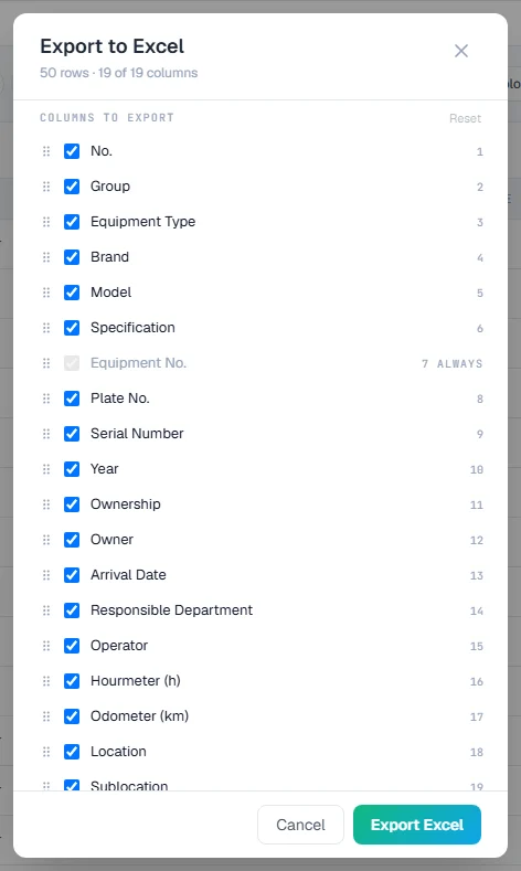 The Export to Excel window, with the row and column count and the list of columns to export
