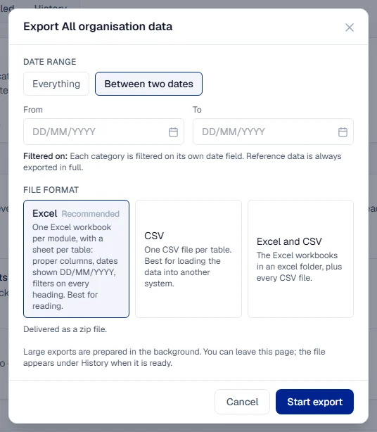 The export window with Between two dates chosen and the file formats below
