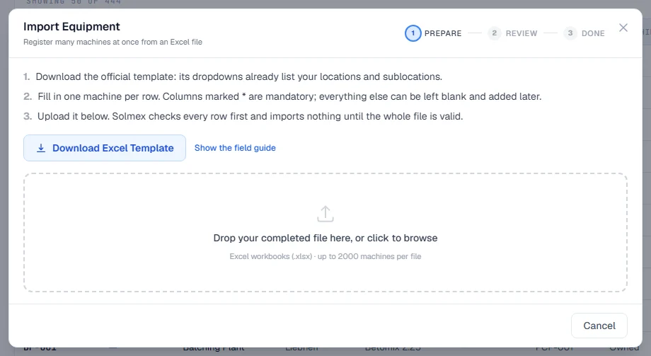 The Import Equipment window: download the template, then drop the completed file to have it checked