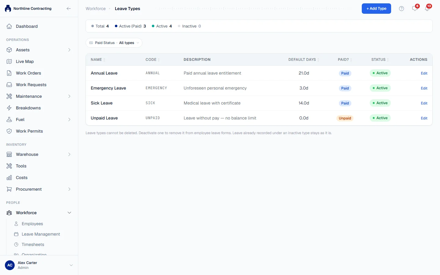 The Leave Types list with each type's code, default days and whether it is paid