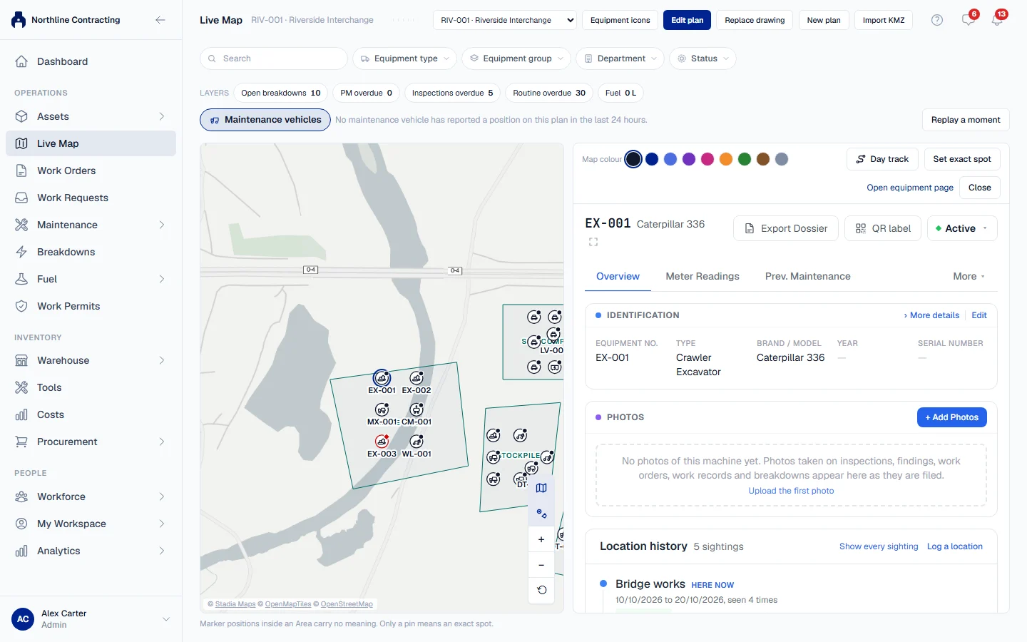 A machine selected on Live Map, with its panel open beside the plan showing Map colour, Day track and Set exact spot