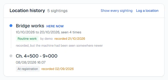 The Location history card on a machine's Overview tab, with the current place marked Here now