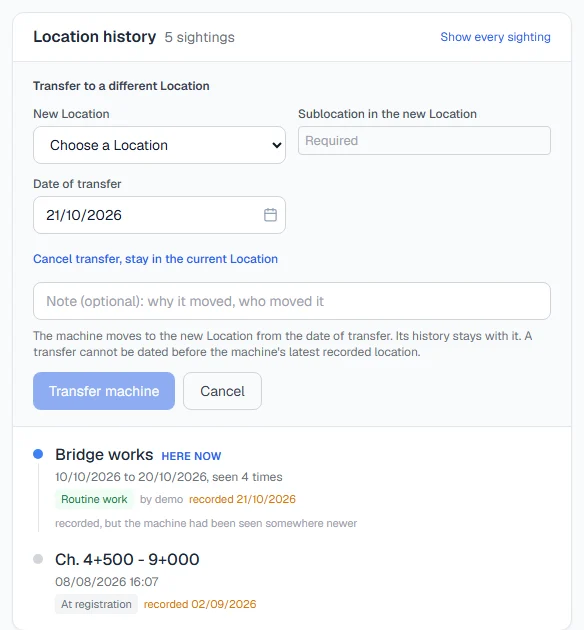 The Transfer to a different Location form, with New Location, Sublocation in the new Location and Date of transfer