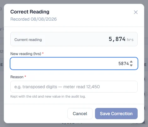 The Correct Reading dialog with the current reading, the new reading and the reason