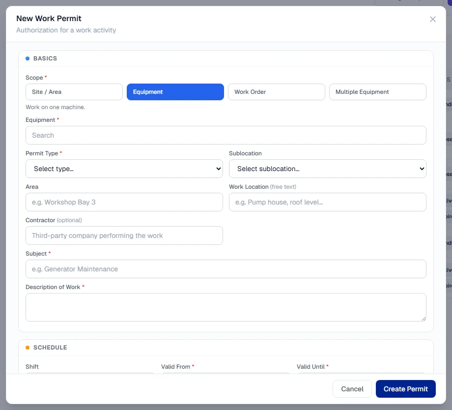 The New Work Permit form, opened on the Basics section with the four scope choices