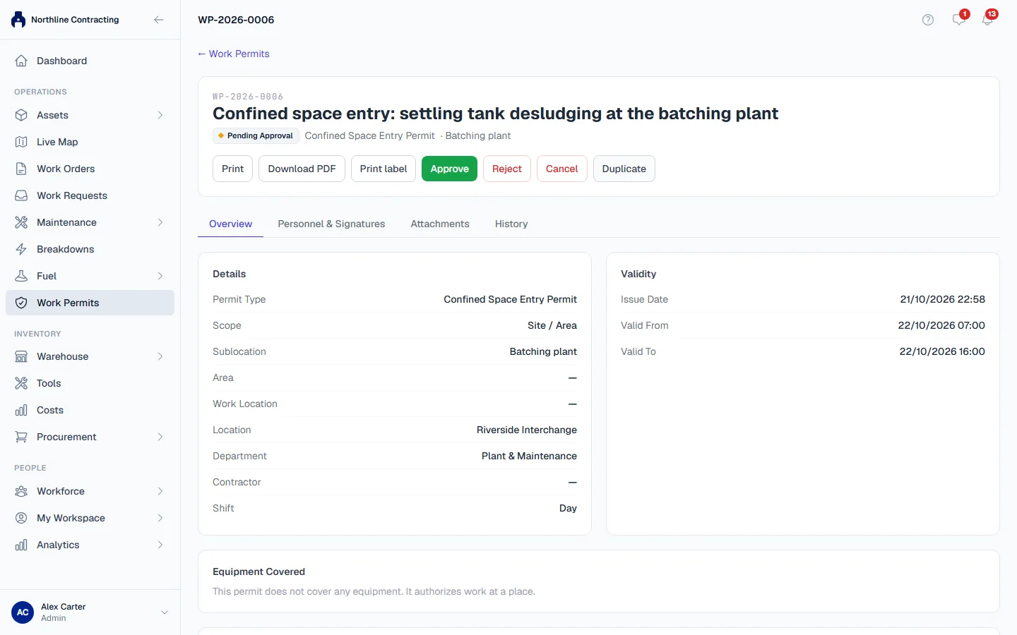 A permit pending approval, with the Approve and Reject buttons at the top