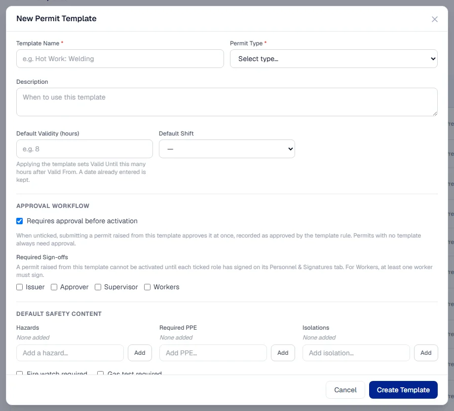 The New Permit Template form with the approval rule and required sign-offs