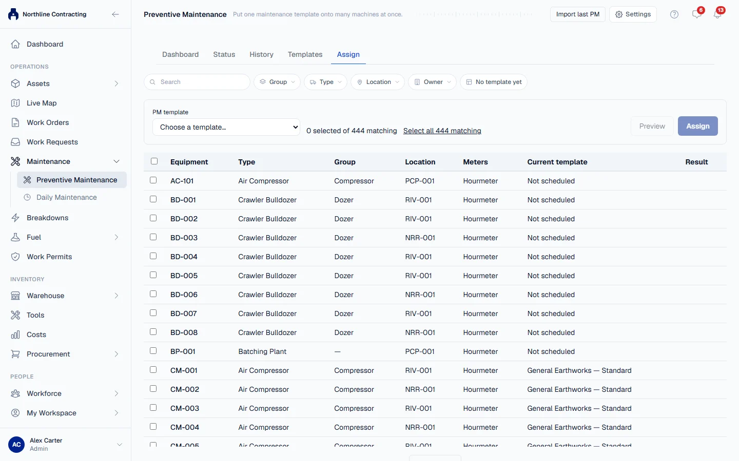 The Assign tab: filters, the PM template picker and the list of machines to tick