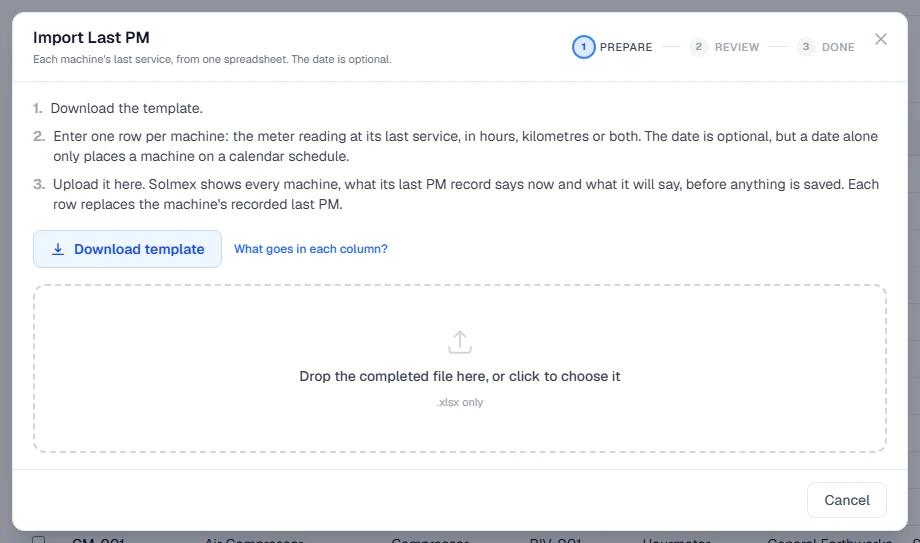 The Import Last PM window with the steps, the Download template button and the place to drop the file