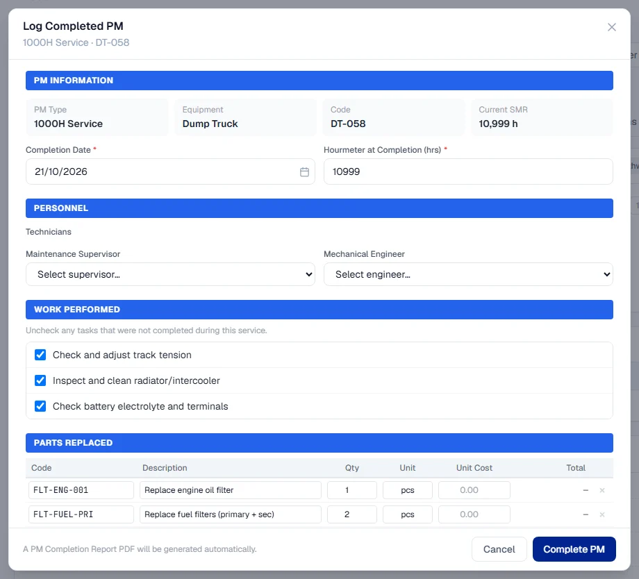 The Log Completed PM form with the completion date, hourmeter, personnel, tasks and parts