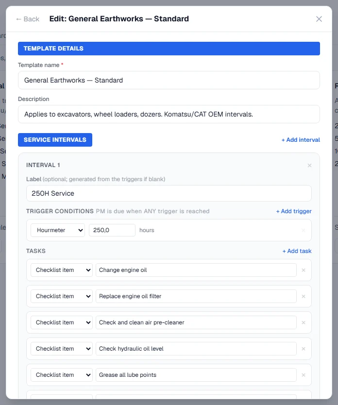 The template form with Template Details, a service interval, its hourmeter trigger and its tasks