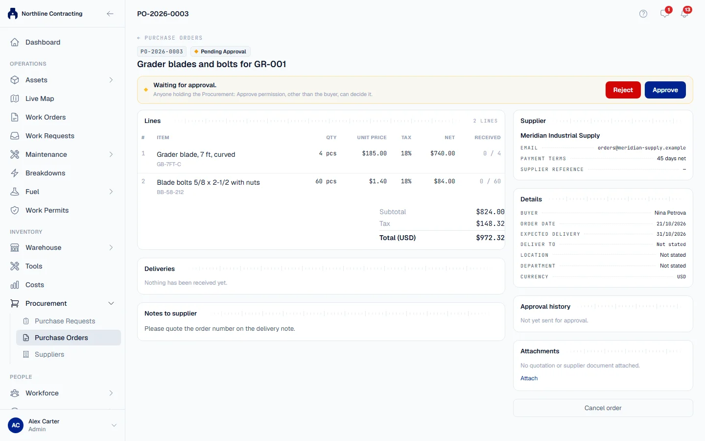 A purchase order waiting for approval, with Approve and Reject at the top