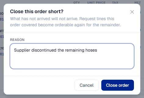 The Close this order short window asking for a reason