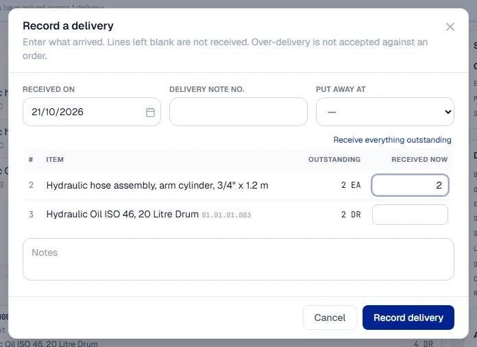 The Record a delivery window listing each line with what is outstanding