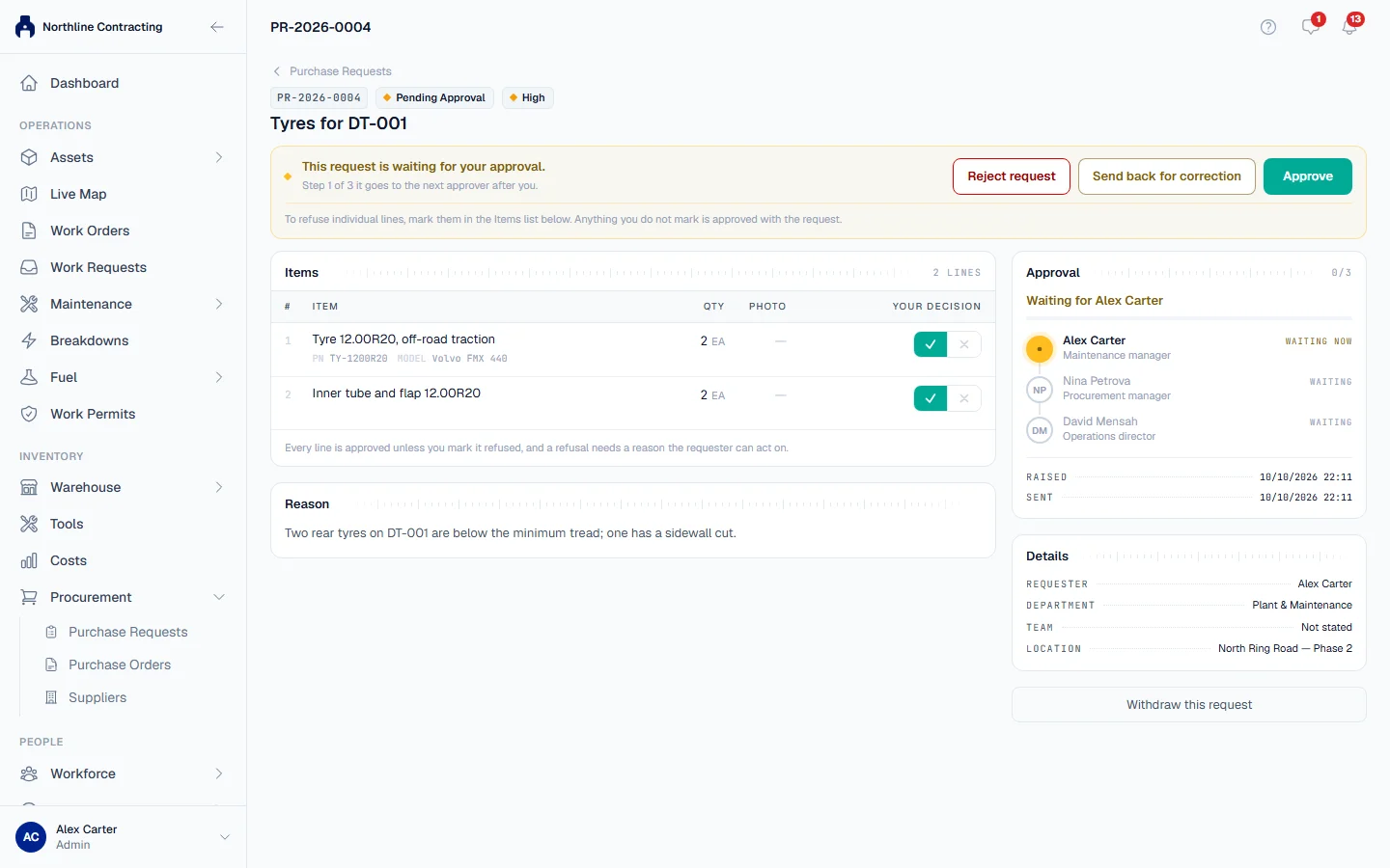 A purchase request waiting for your approval, with the decision buttons at the top