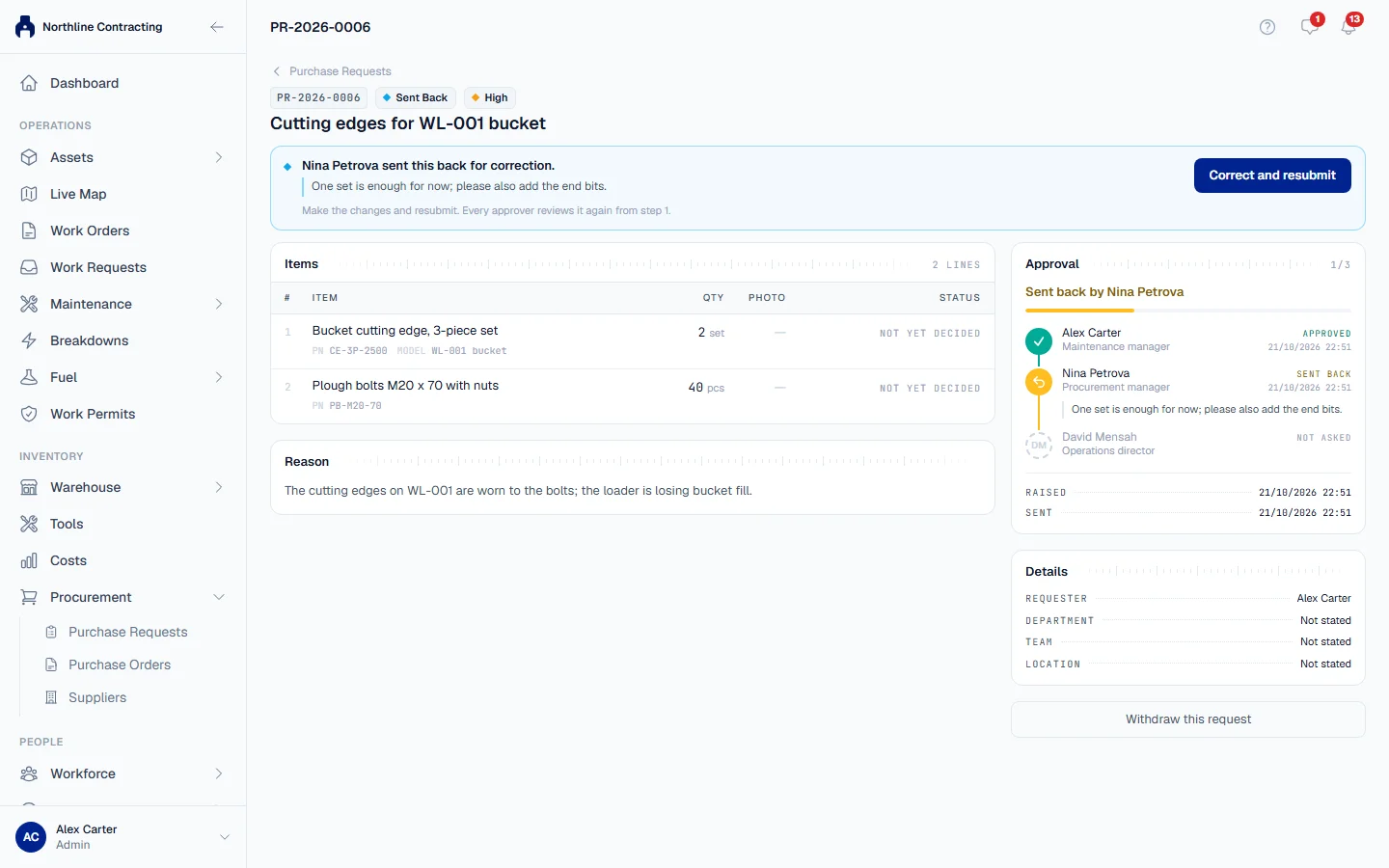 A request sent back for correction, with the approver's comment and Correct and resubmit