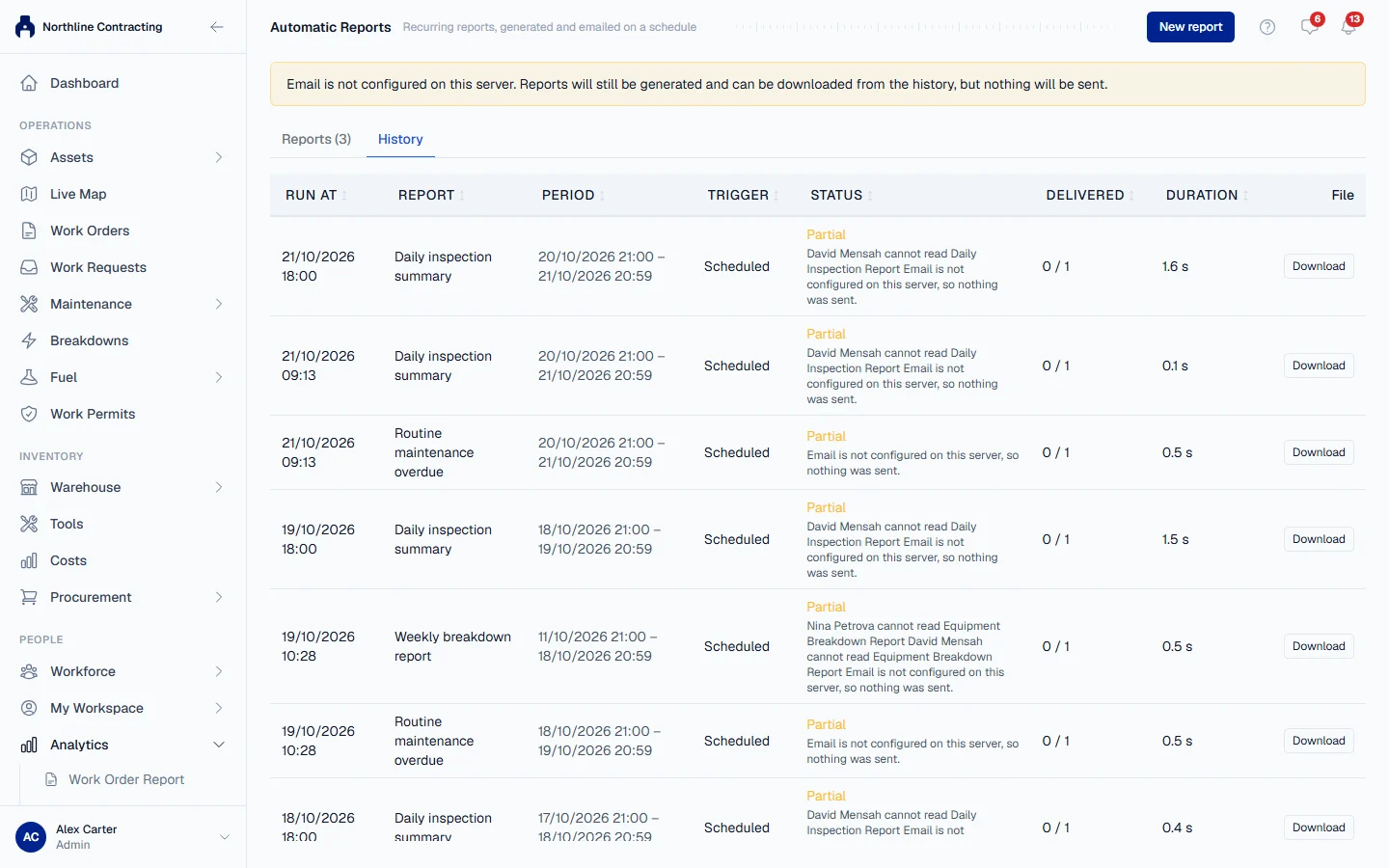 The History tab, listing each run with its period, status, delivery count and a Download button
