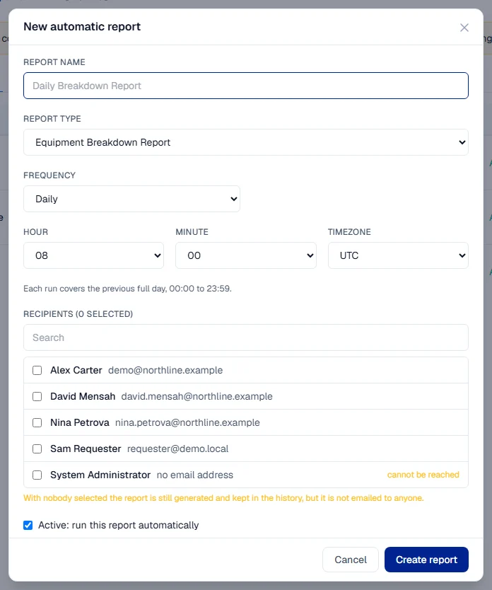 The New automatic report window with report name, type, frequency, time and recipients