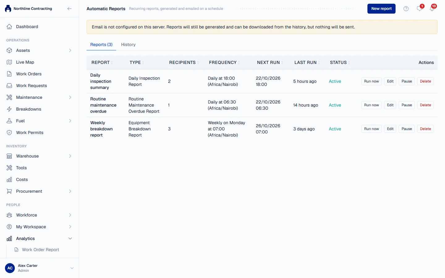 The list of automatic reports with their type, recipients, frequency, next run and status