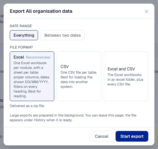 The export window with the date range and the Excel, CSV and Excel and CSV formats