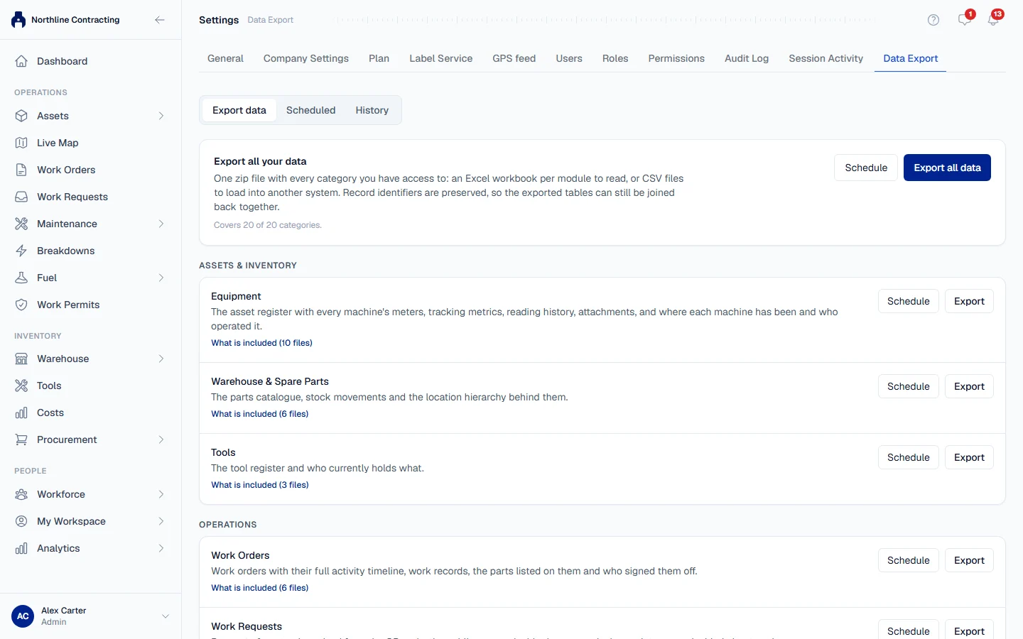 The Data Export tab in Settings, with Export all data at the top and one row per category