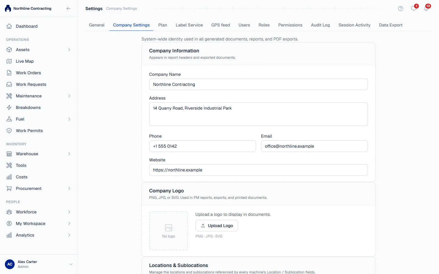 The Company Settings tab, starting with Company Information and the logo