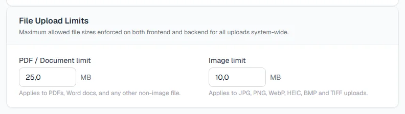 The File Upload Limits section, with one limit for documents and one for images