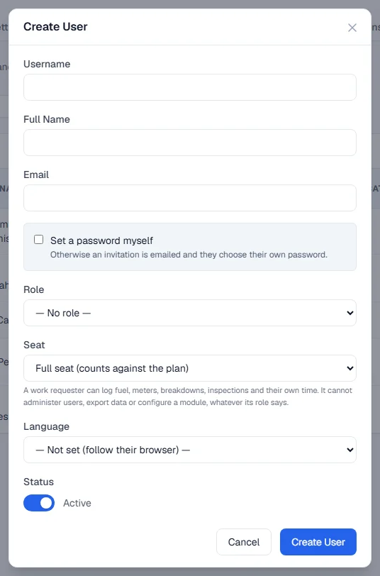 The New User form, with username, full name, email, role, seat and language