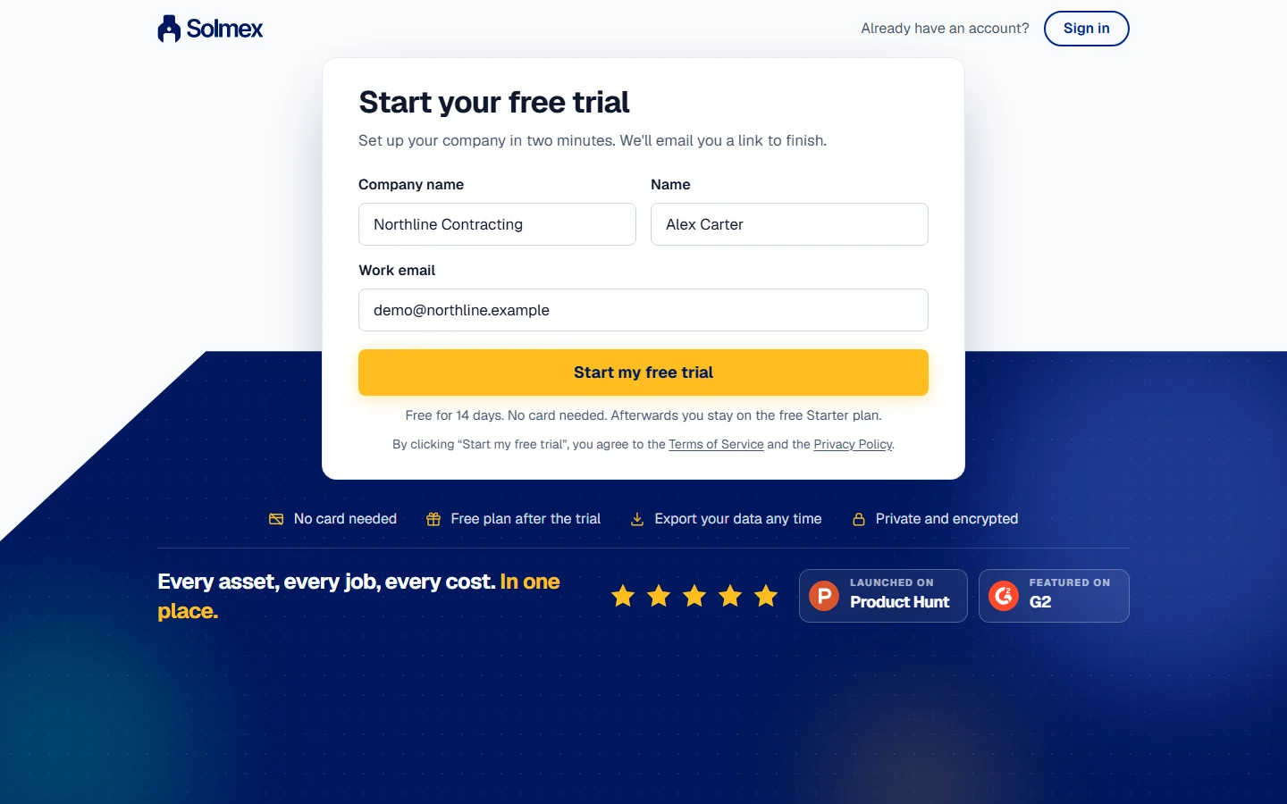 The Start your free trial form, filled in with a company name, a name and a work email