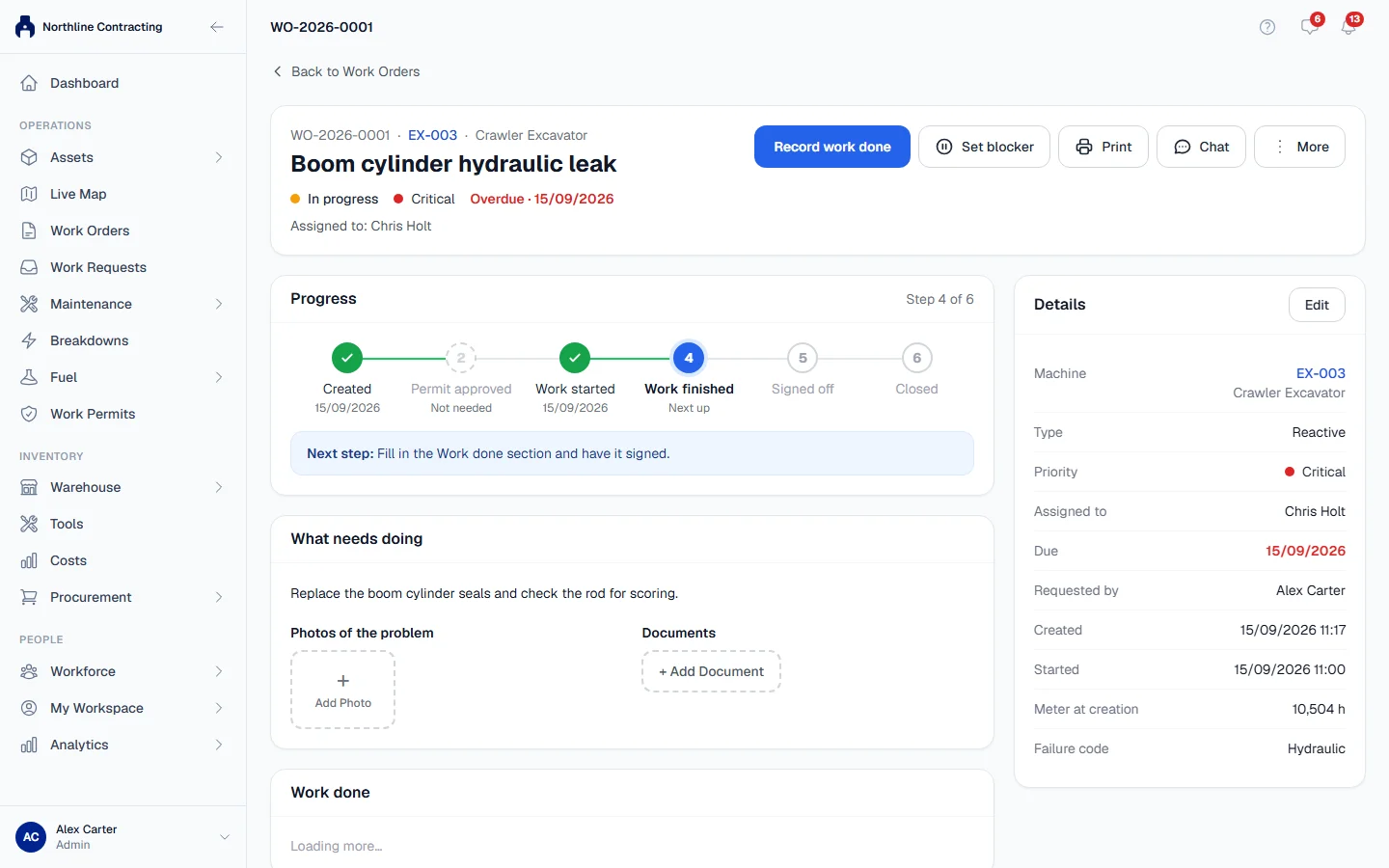 A work order in progress: the next step button at the top, the progress steps and the details