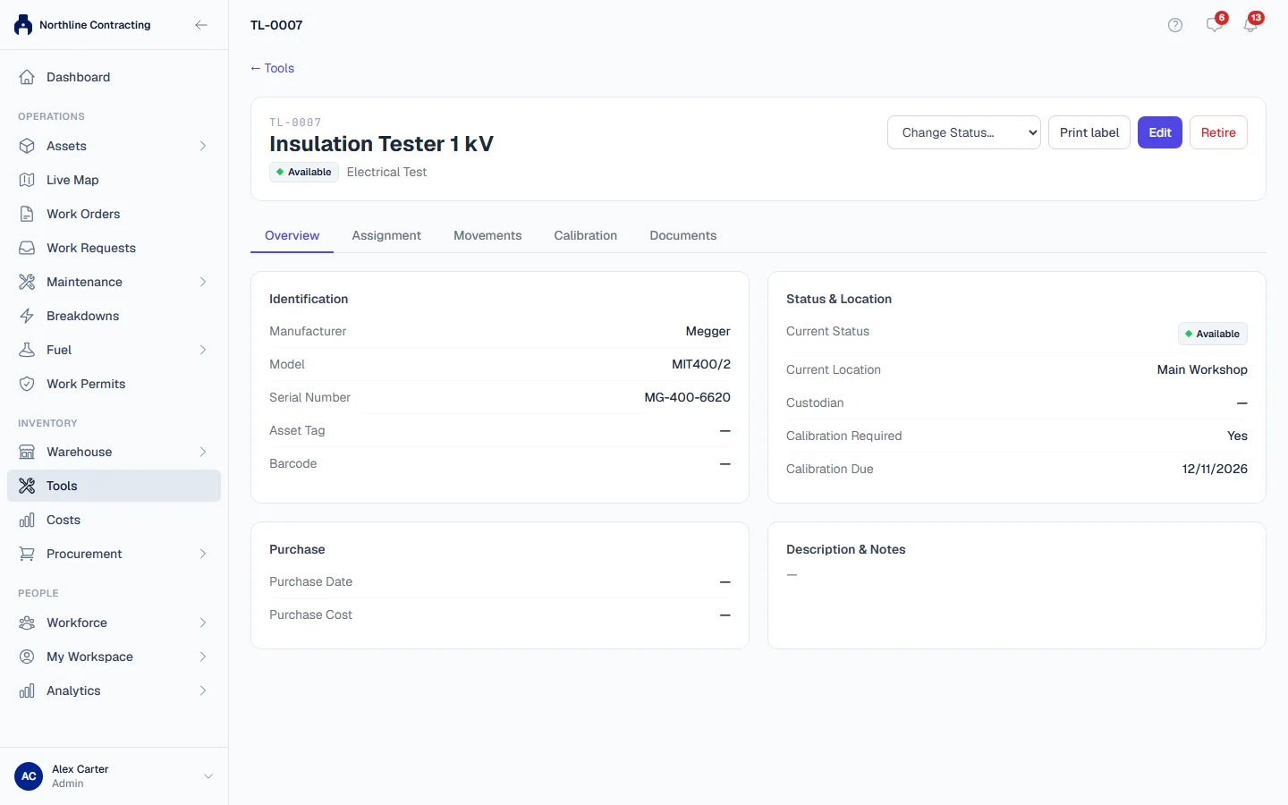 A tool's page, with Change Status, Print label, Edit and Retire in the header and its tabs below
